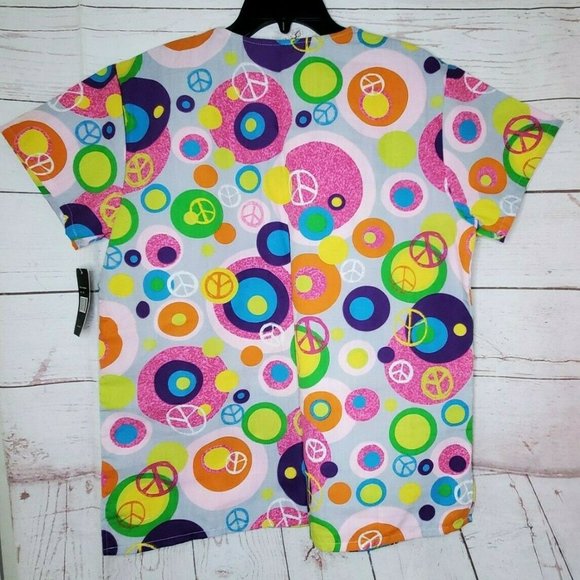 Just Love Medical Scrub Top Medium Pink Multi Colored Peace Signs - Picture 8 of 12